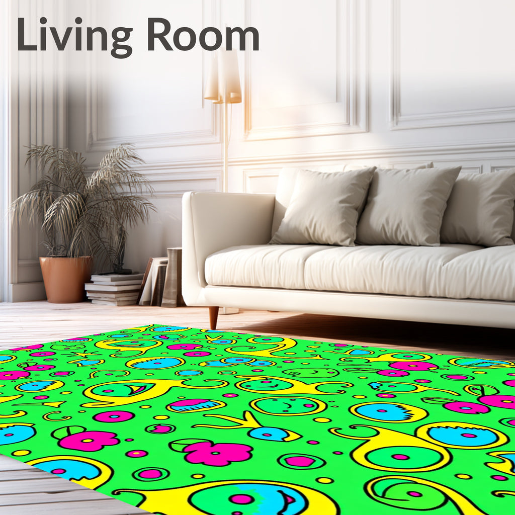 Whimsical Yellow Blue Pink Characters Rug