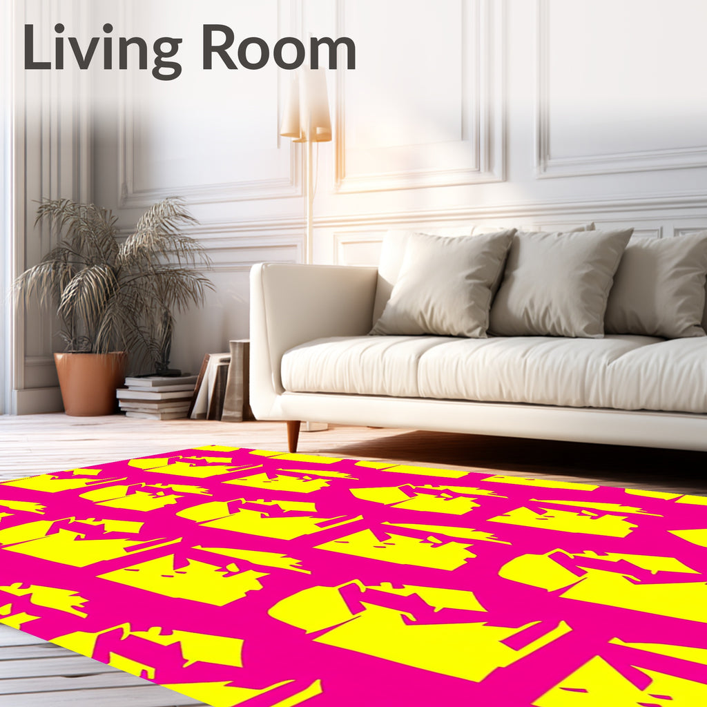 Bright Pink Yellow Abstract Cubist Faces Rug