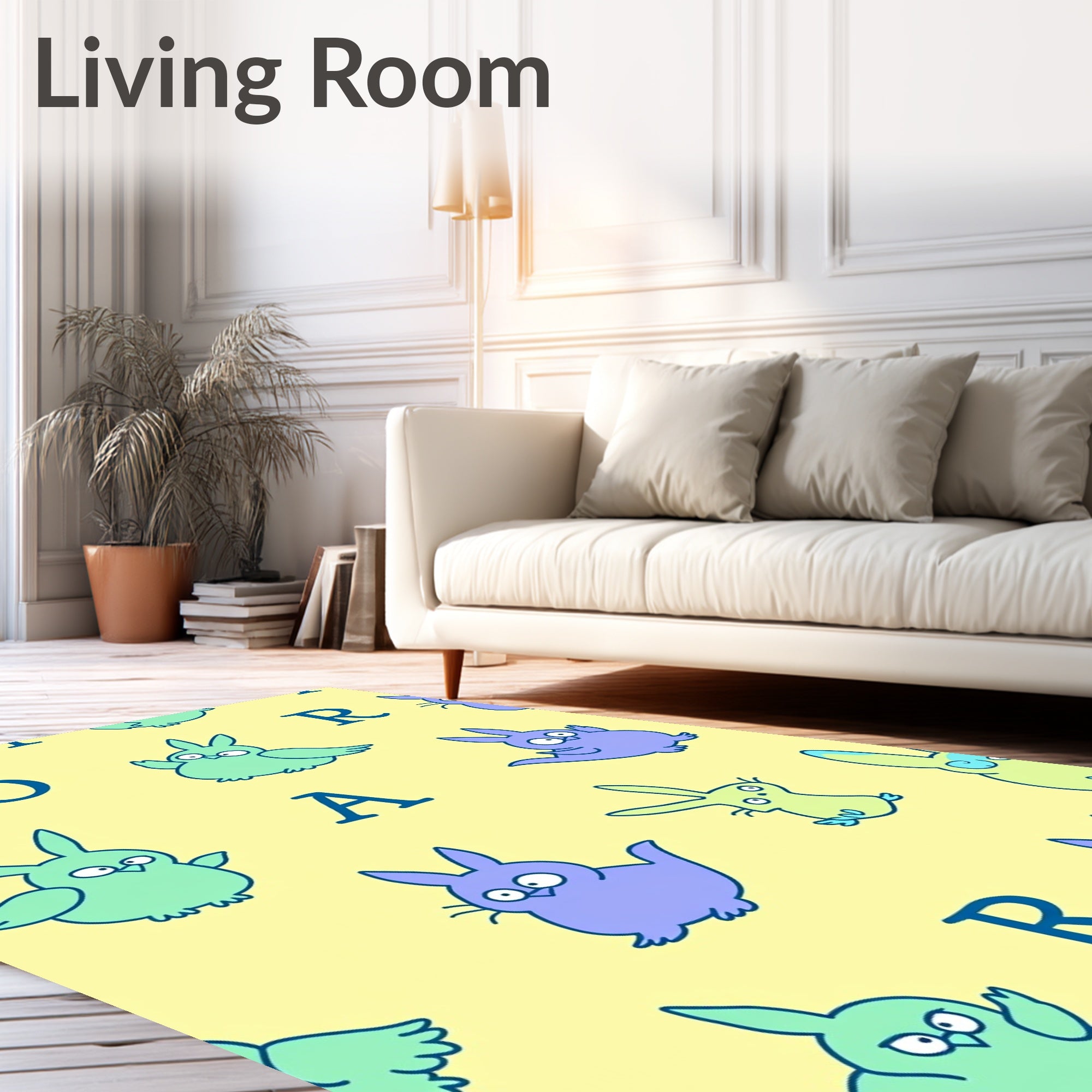Whimsical Purple Mint Bunny Birds Rug