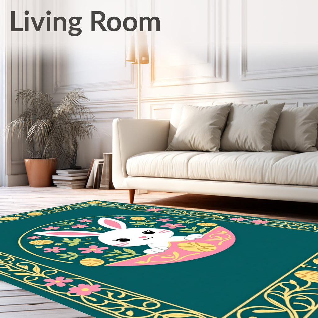 Whimsical White Bunny Floral Frame Rug