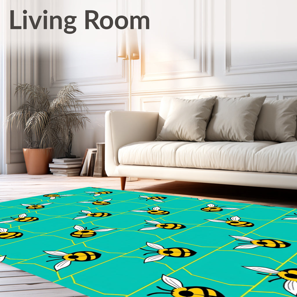 Yellow Bees Teal Honeycomb Background Rug