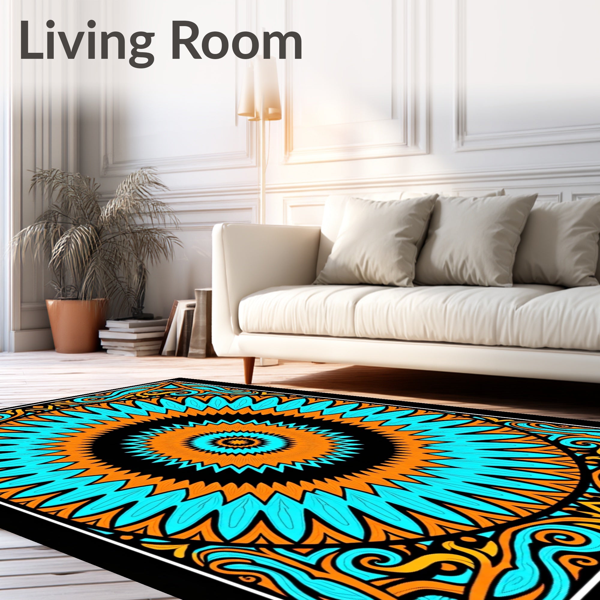 Vibrant Orange Teal Mandala Sunburst Rug