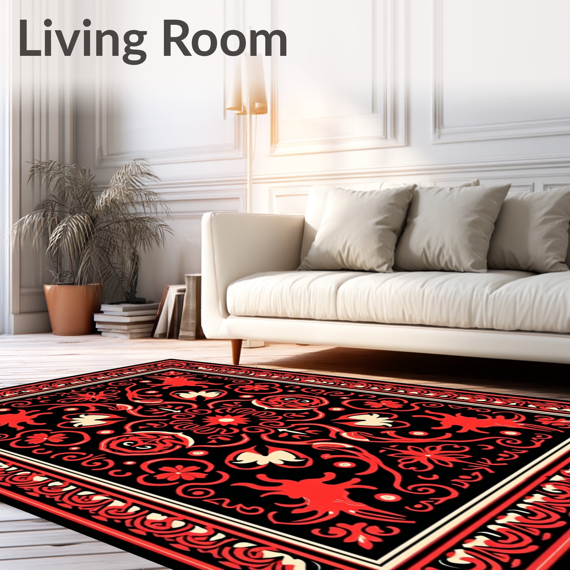 Vibrant Black Crimson Swirl Blossom Rug