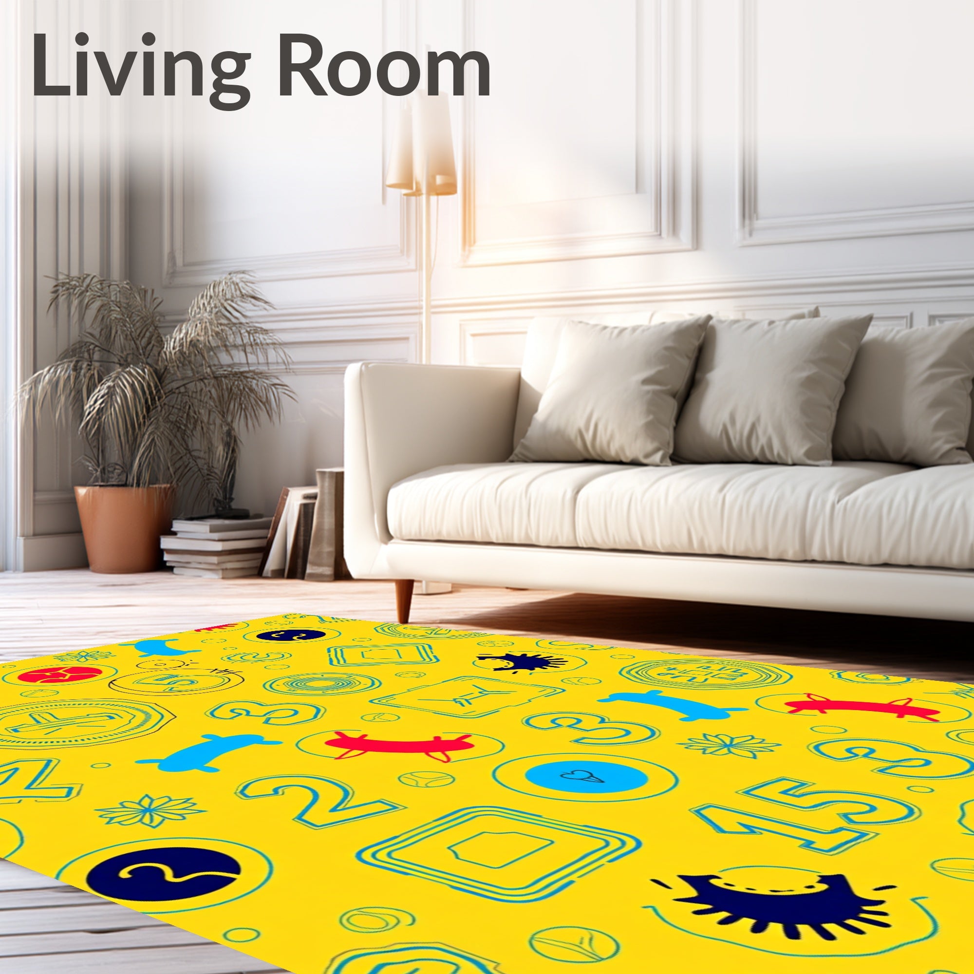 Playful Yellow Blue Red Figures Rug