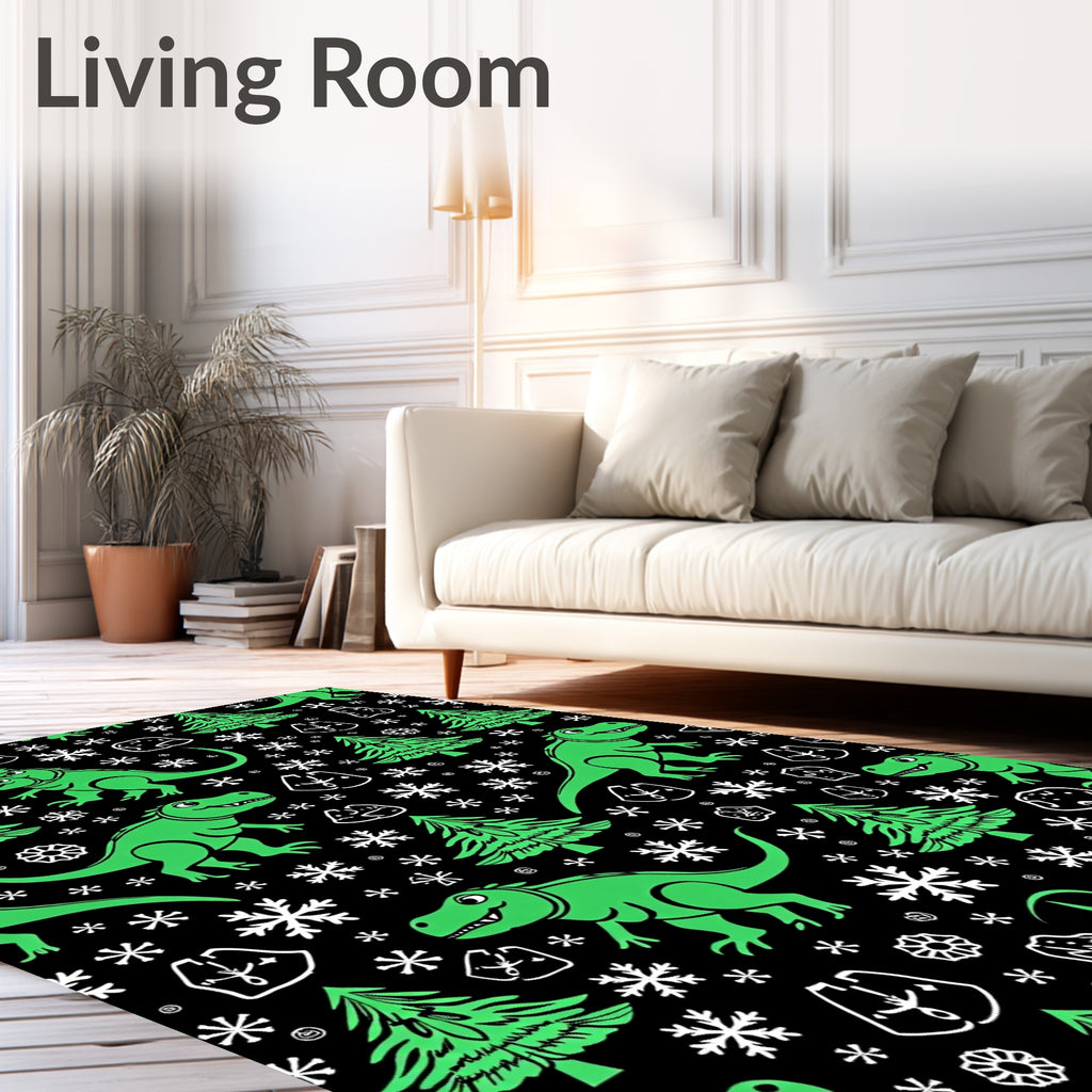 Whimsical Green Dinosaur Snowflake Christmas Trees Rug
