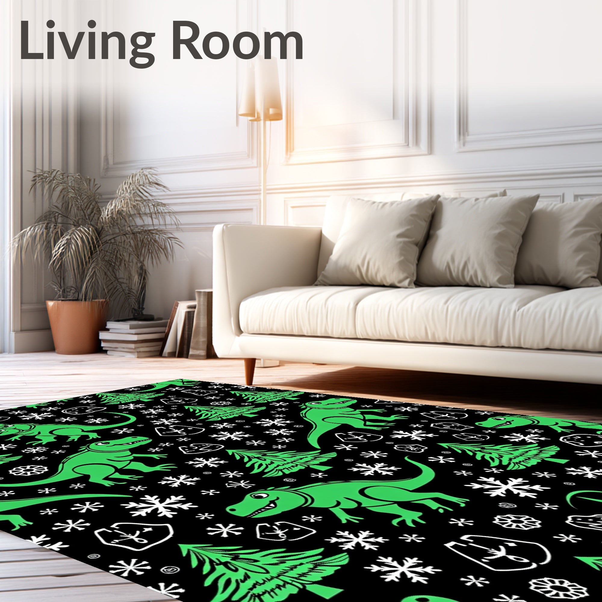 Whimsical Green Dinosaur Snowflake Christmas Trees Rug