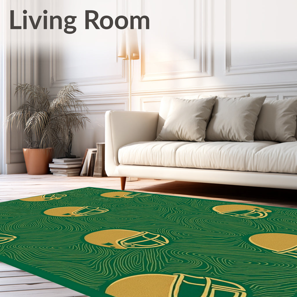Golden Football Helmets Green Swirls Rug