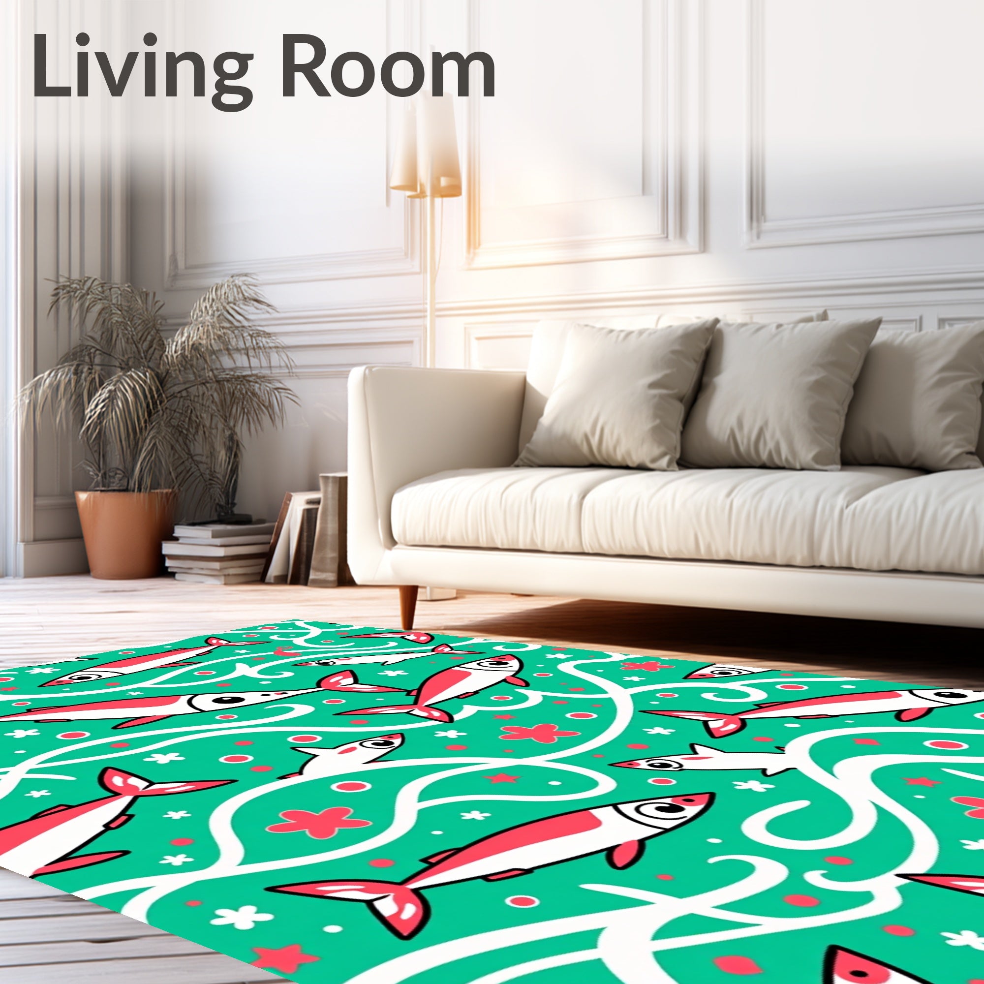 Playful Fish and Floral Teal Swirls Rug