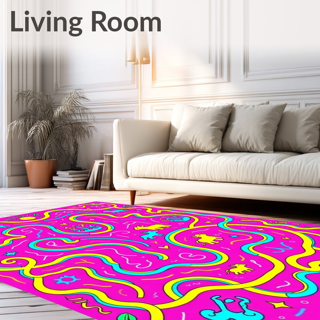 Playful Pink Yellow Blue Animal Maze Rug
