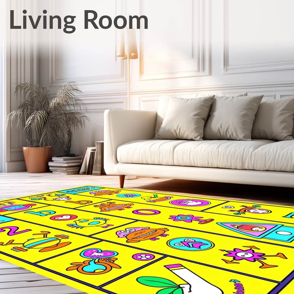 Whimsical Yellow Cartoon Alphabet Collage Rug