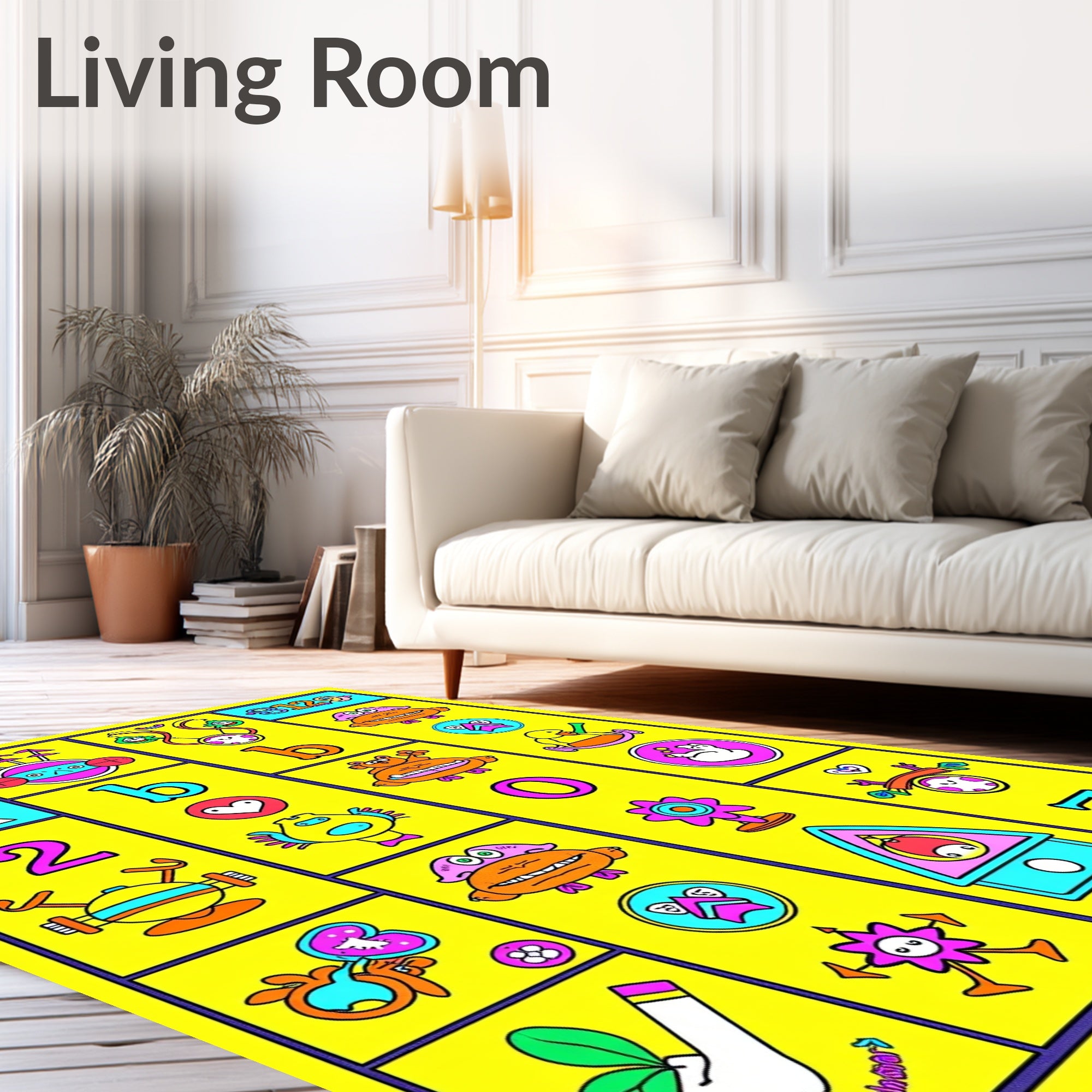 Whimsical Yellow Cartoon Alphabet Collage Rug