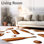 Brown Baseball Bats Mitts Balls Rug