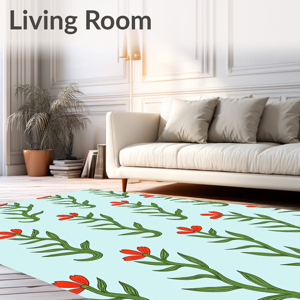 Red Floral Stem Light Blue Background Rug