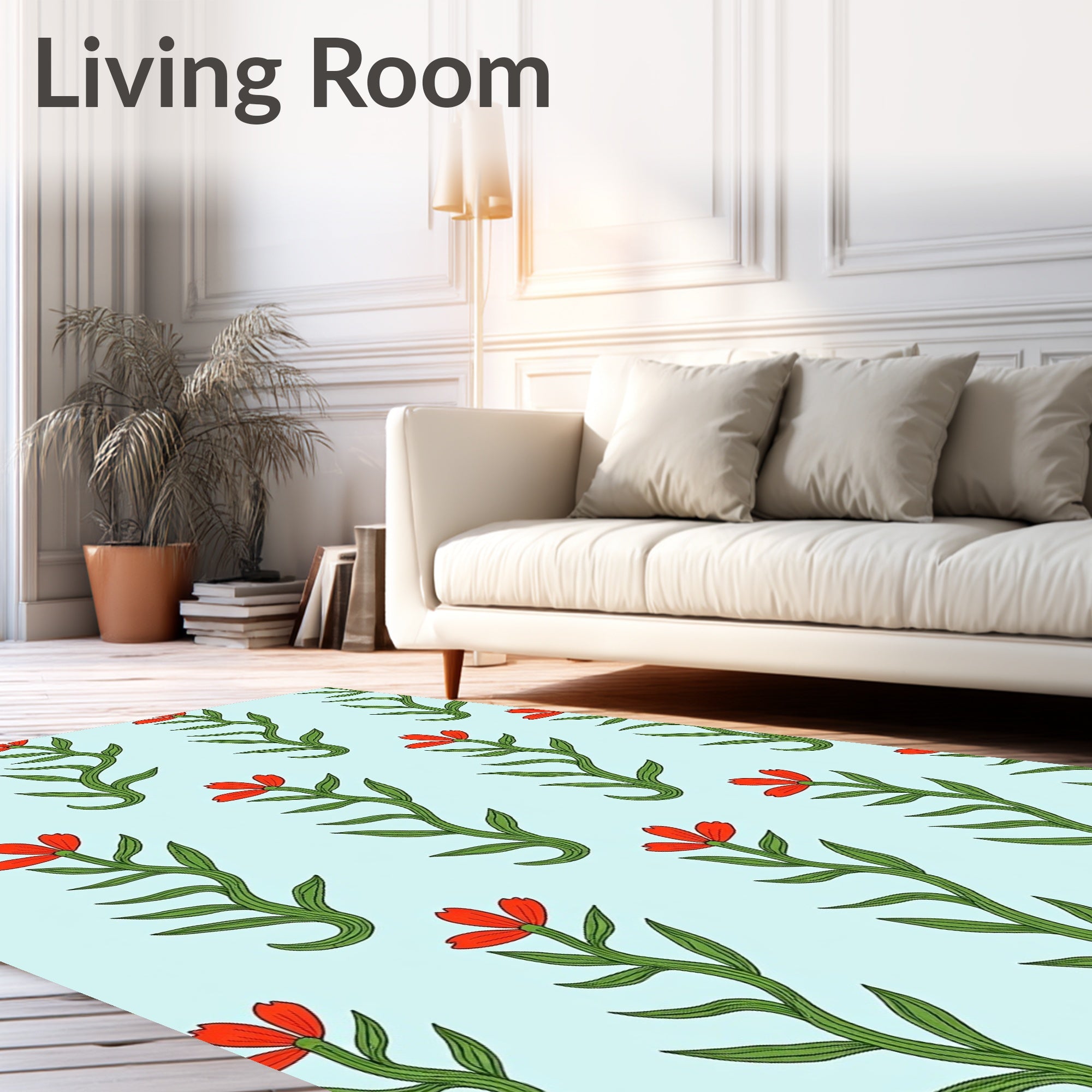 Red Floral Stem Light Blue Background Rug