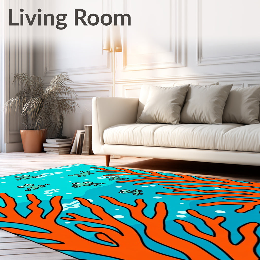 Whimsical Teal Frogs Coral Scene Rug