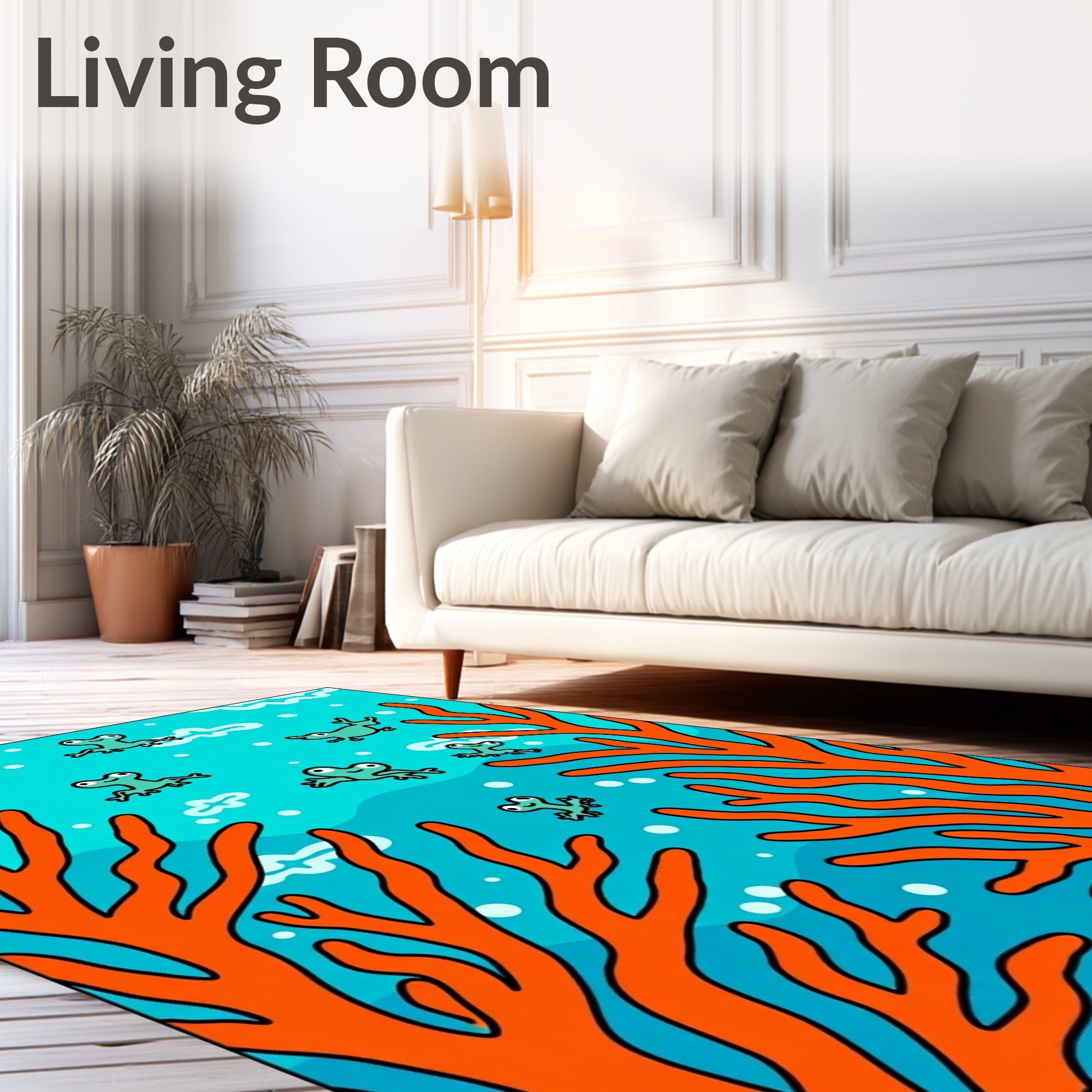 Whimsical Teal Frogs Coral Scene Rug