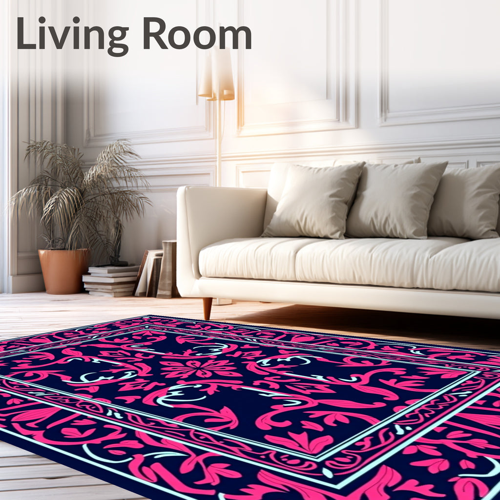 Fuchsia Baroque Floral Bordered Rug
