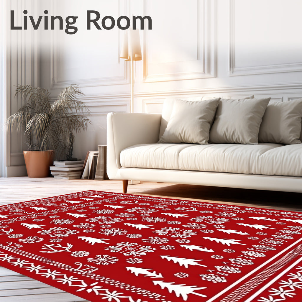 Rustic Red Winter Forest Snowflakes Rug