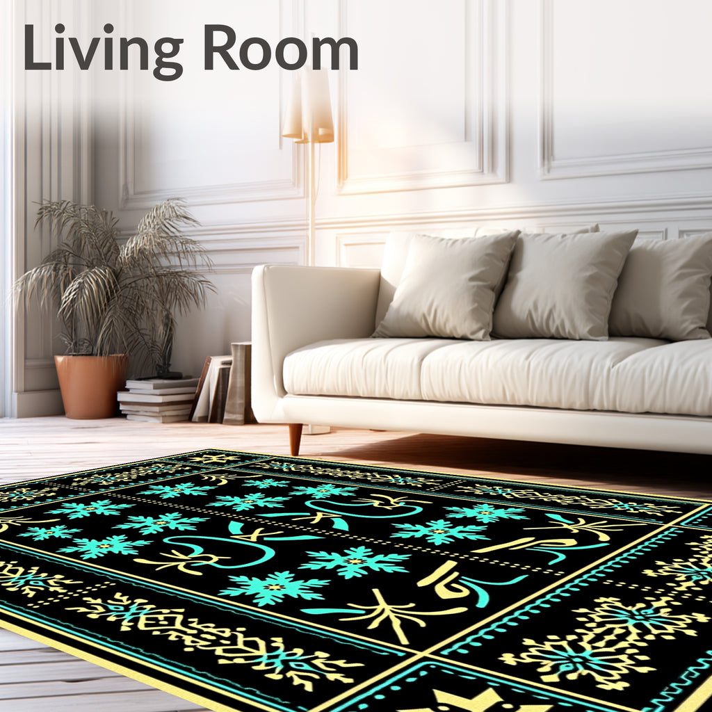 Yellow and Teal Snowflake Folk Art Rug