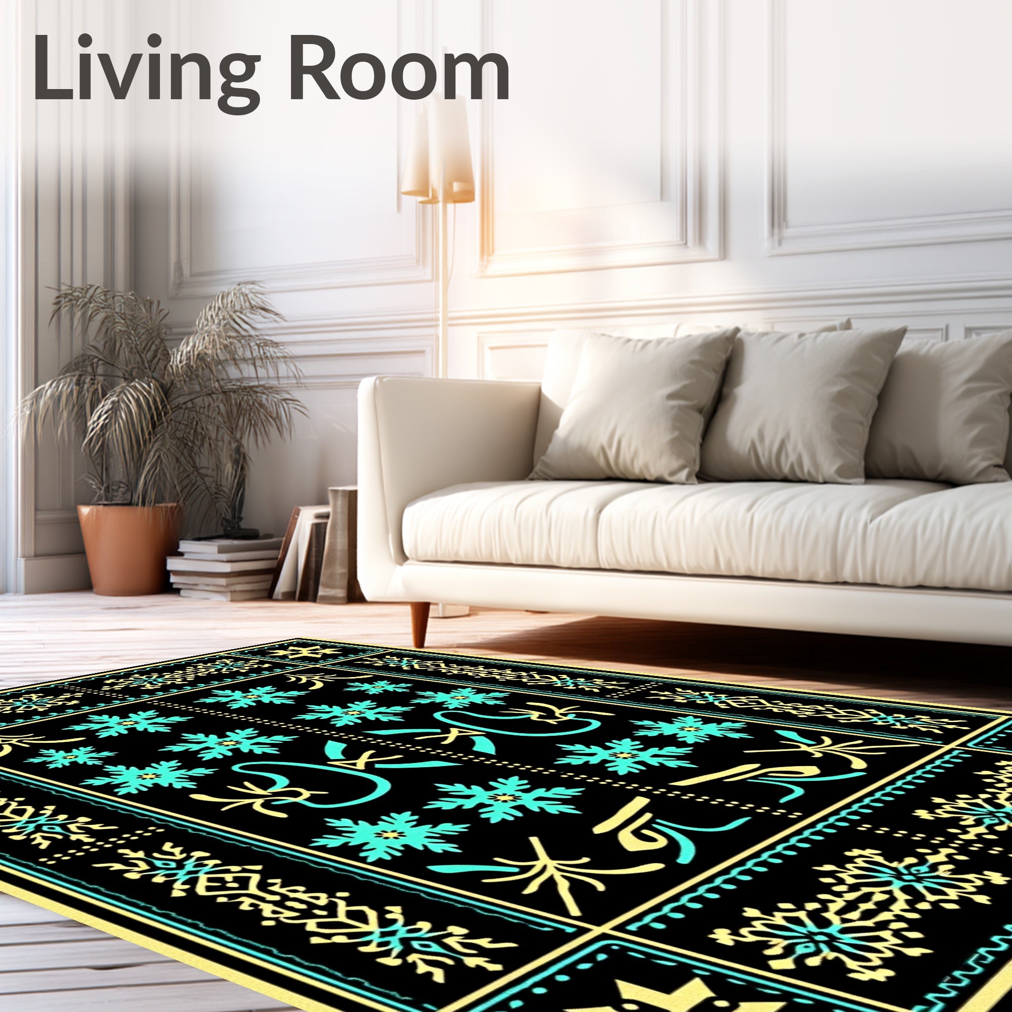 Yellow and Teal Snowflake Folk Art Rug