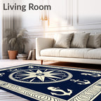 Navy Blue Nautical Compass Anchor Rug