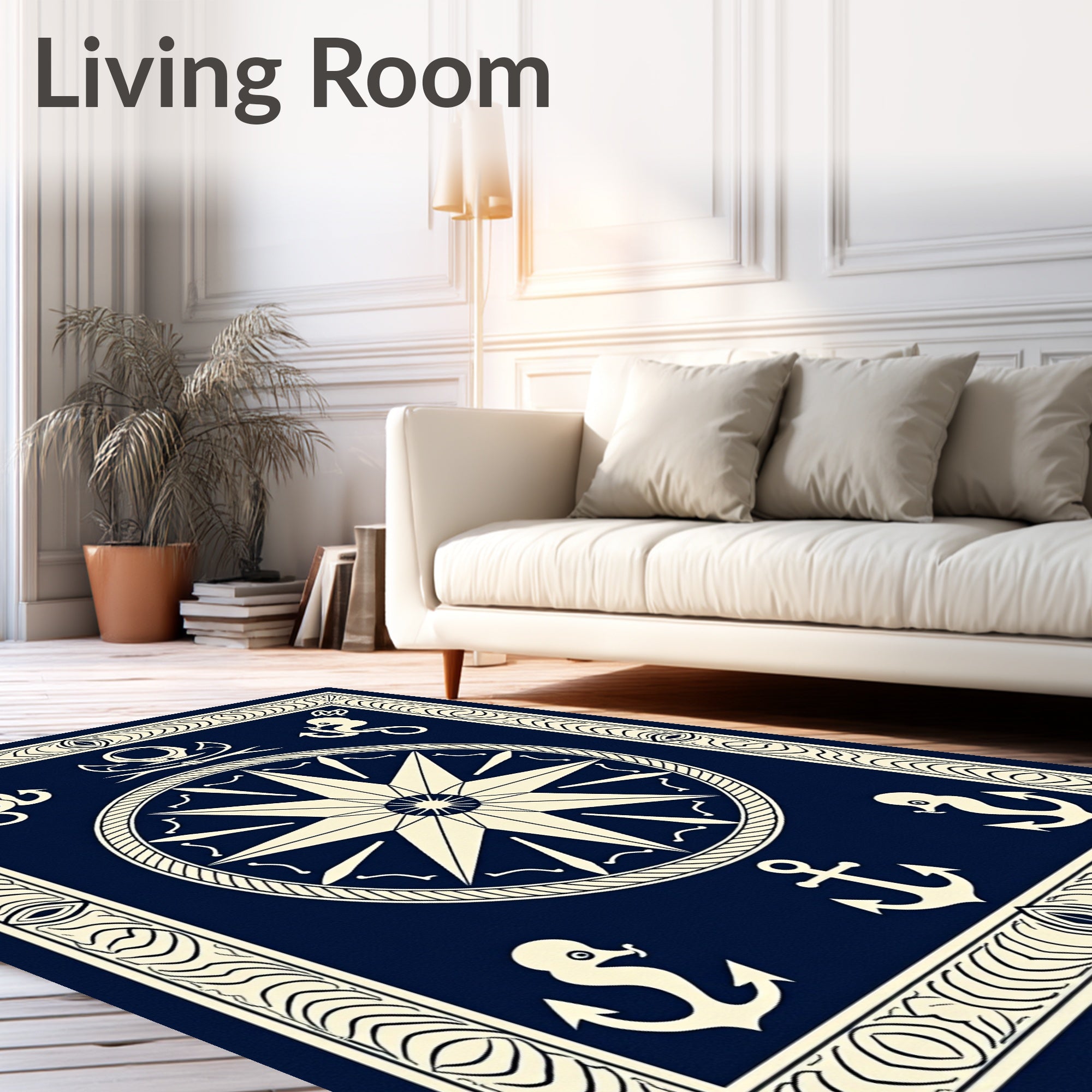 Navy Blue Nautical Compass Anchor Rug