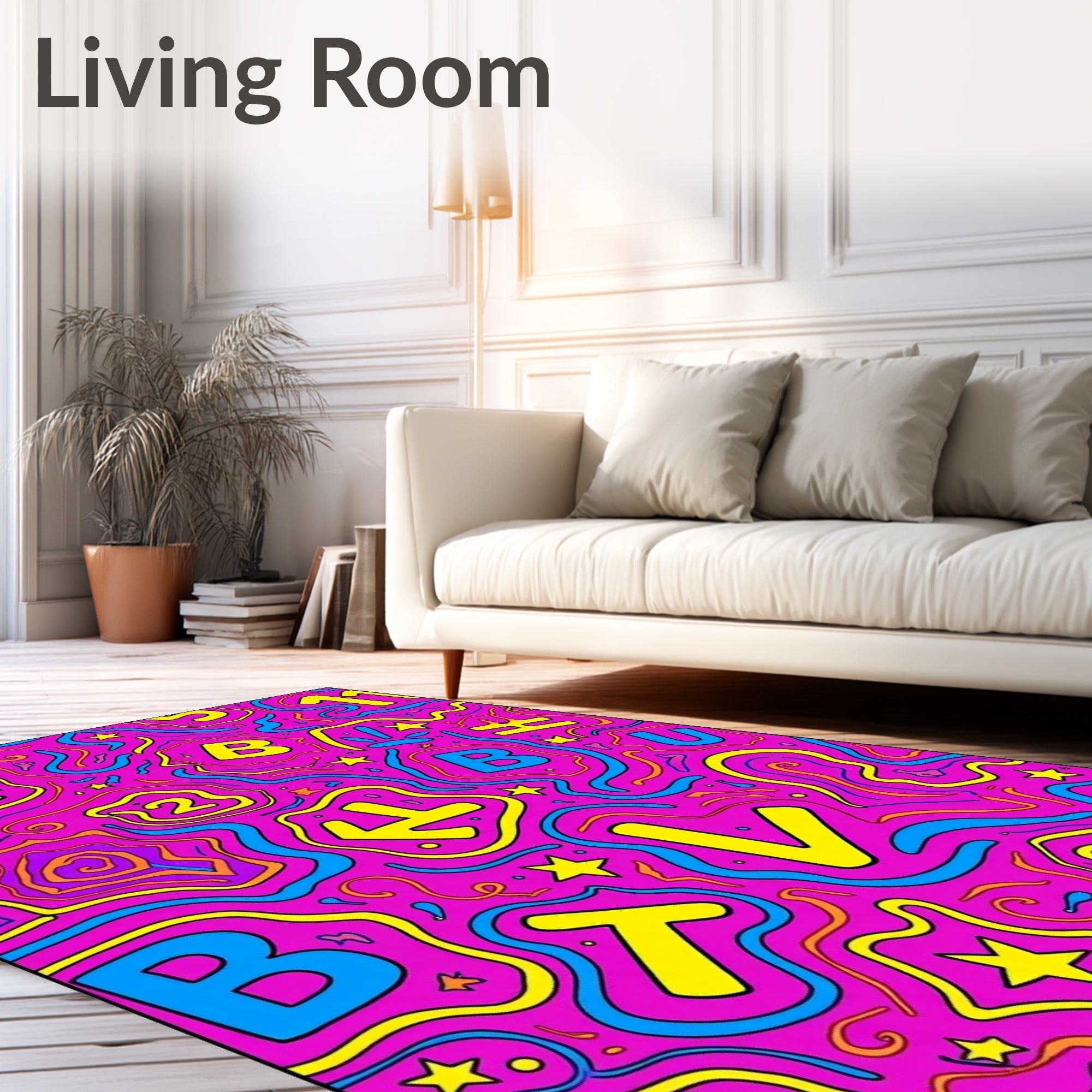Bold Pink Yellow Blue Alphabet Swirls Rug