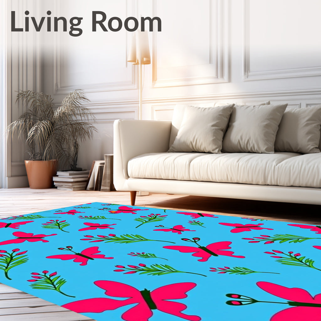 Bright Pink Butterfly Floral Branch Rug