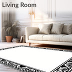 Black White Leaf Scroll Border Rug