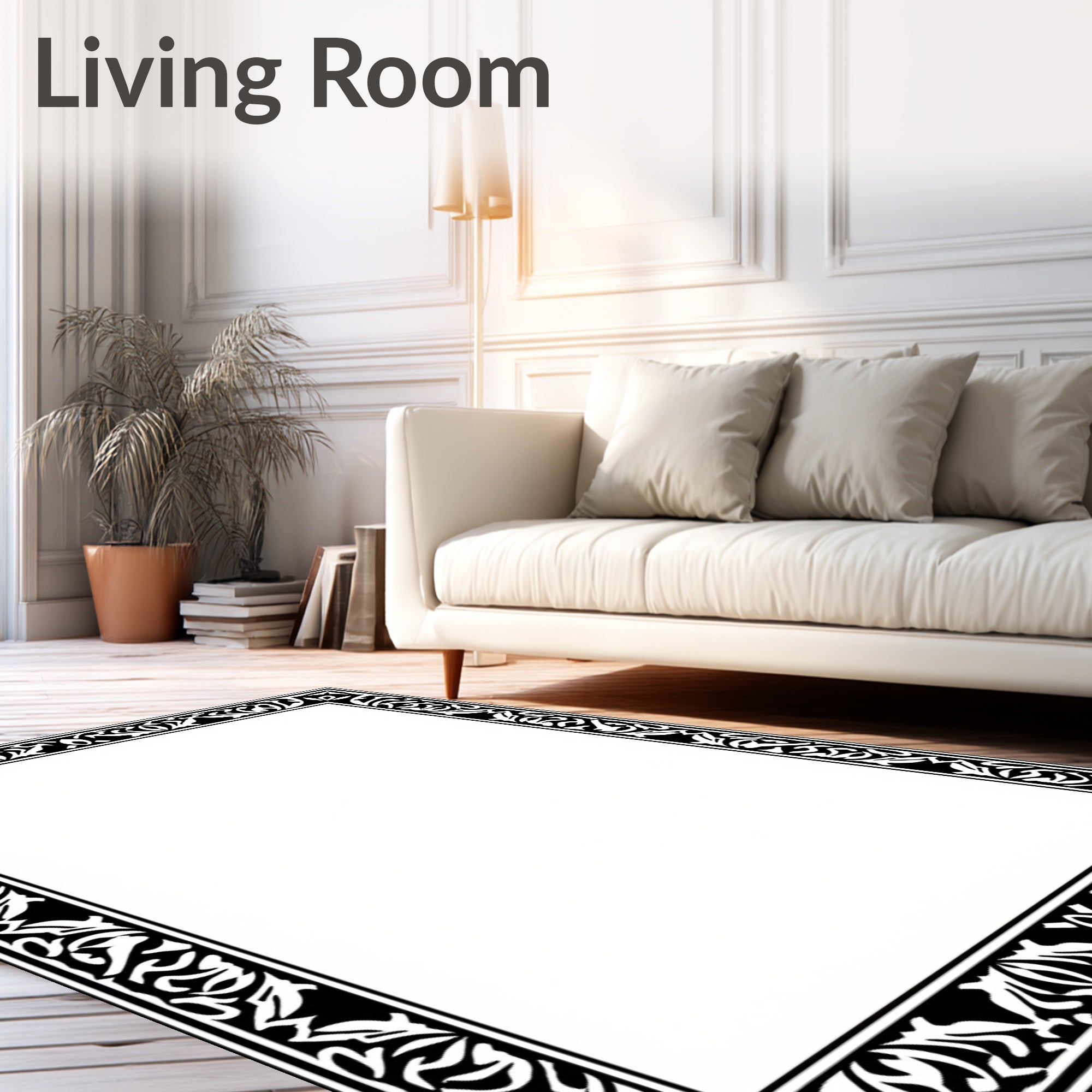 Black White Leaf Scroll Border Rug