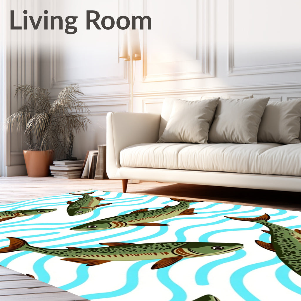 Green Speckled Fish Blue Waves Rug