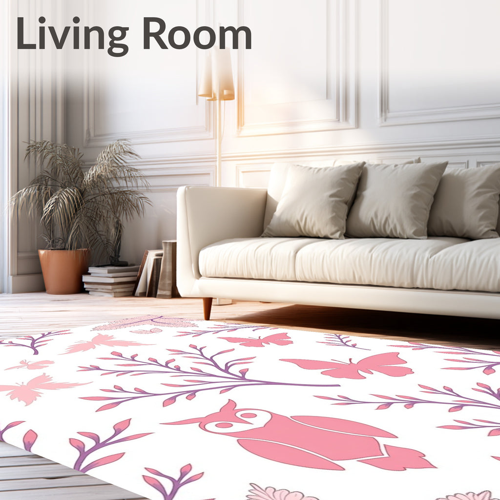 Pink Butterfly and Owl Garden Whimsy Rug
