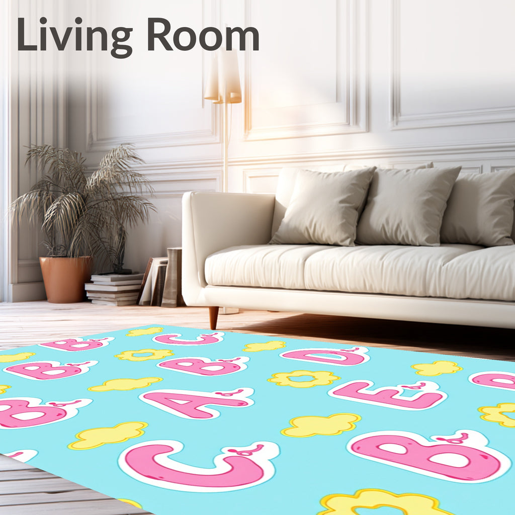 Pink Alphabet Clouds Blue Background Rug