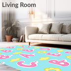 Pink Alphabet Clouds Blue Background Rug