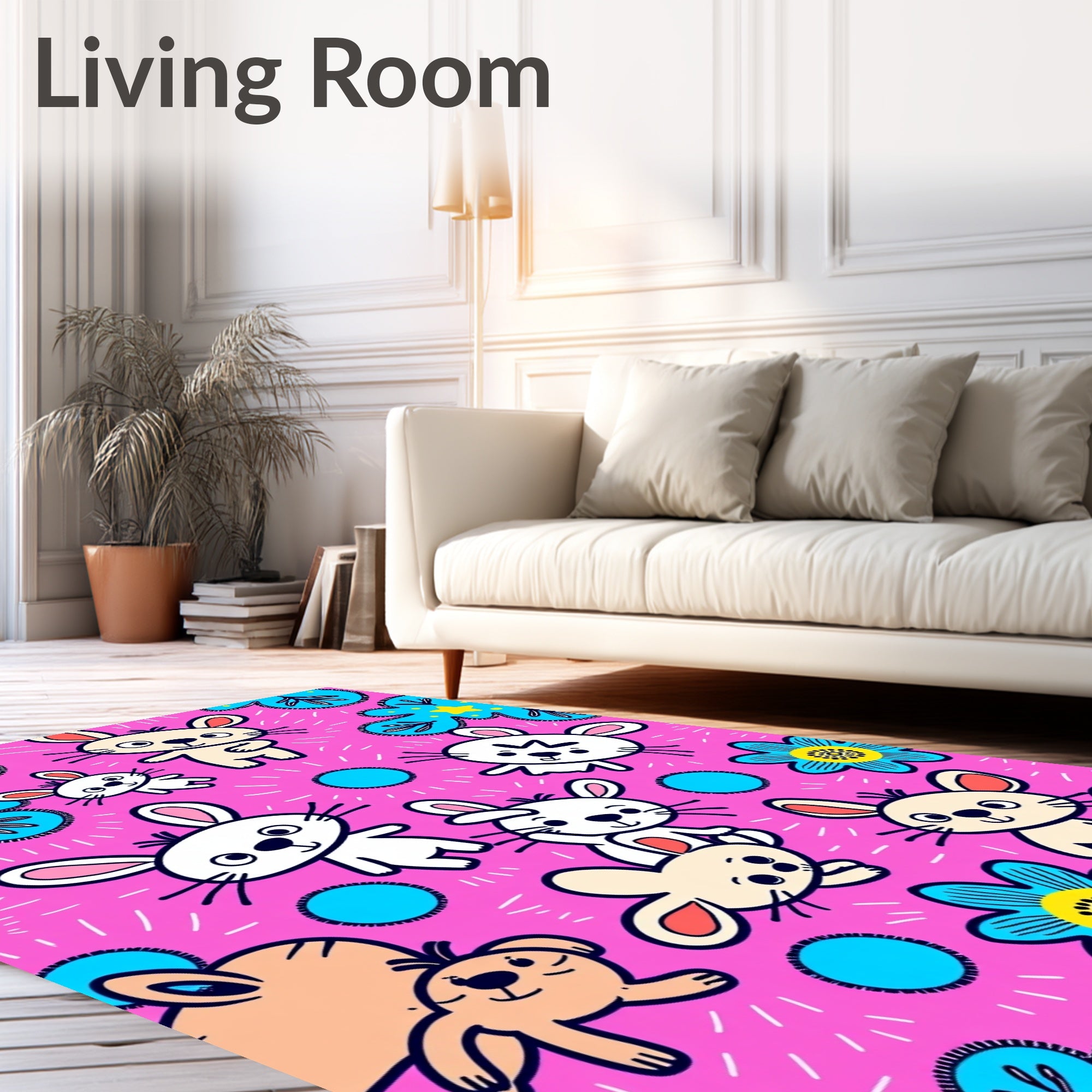 Cute Pink Bunny Flower Whimsical Rug