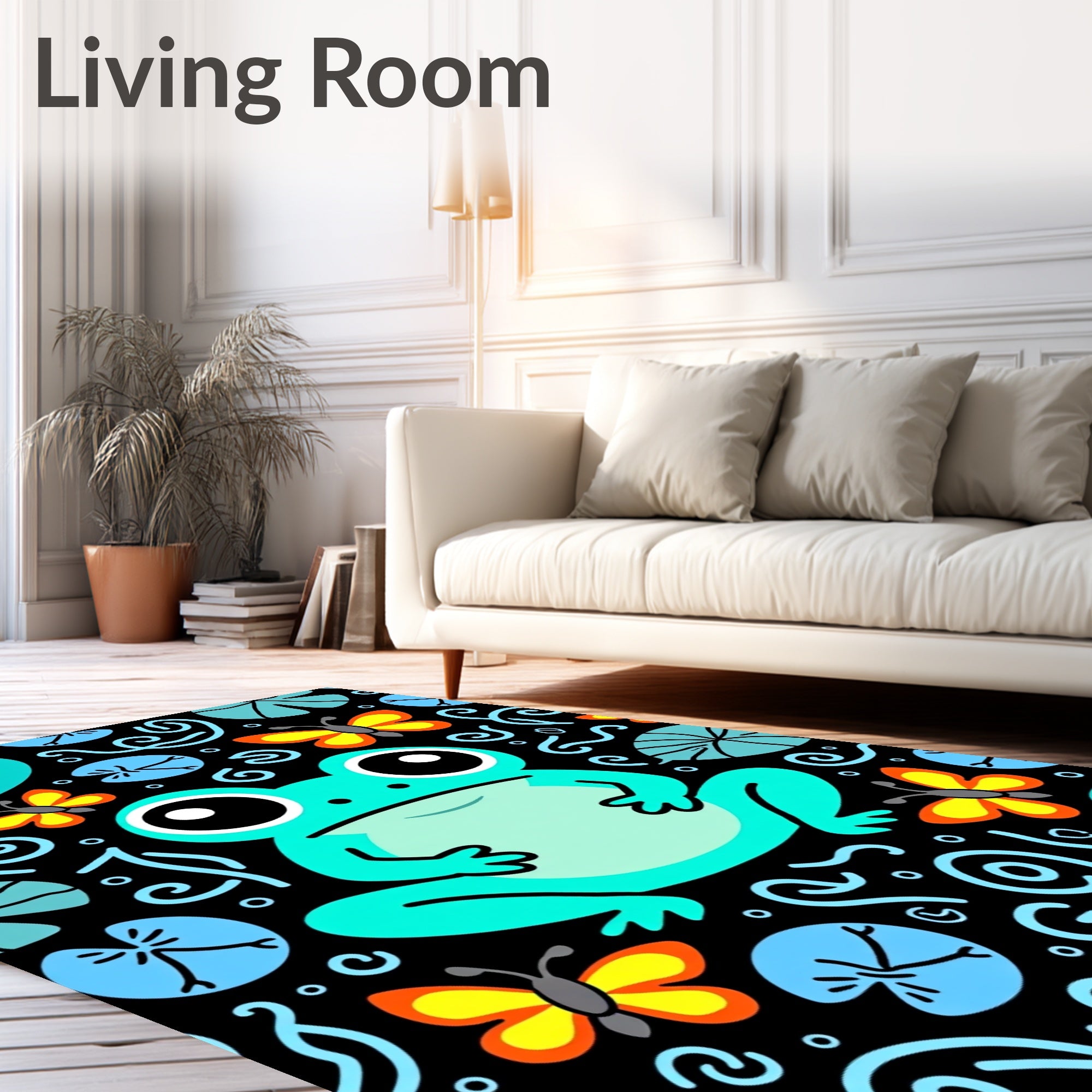 Whimsical Teal Frog Butterfly Pond Rug