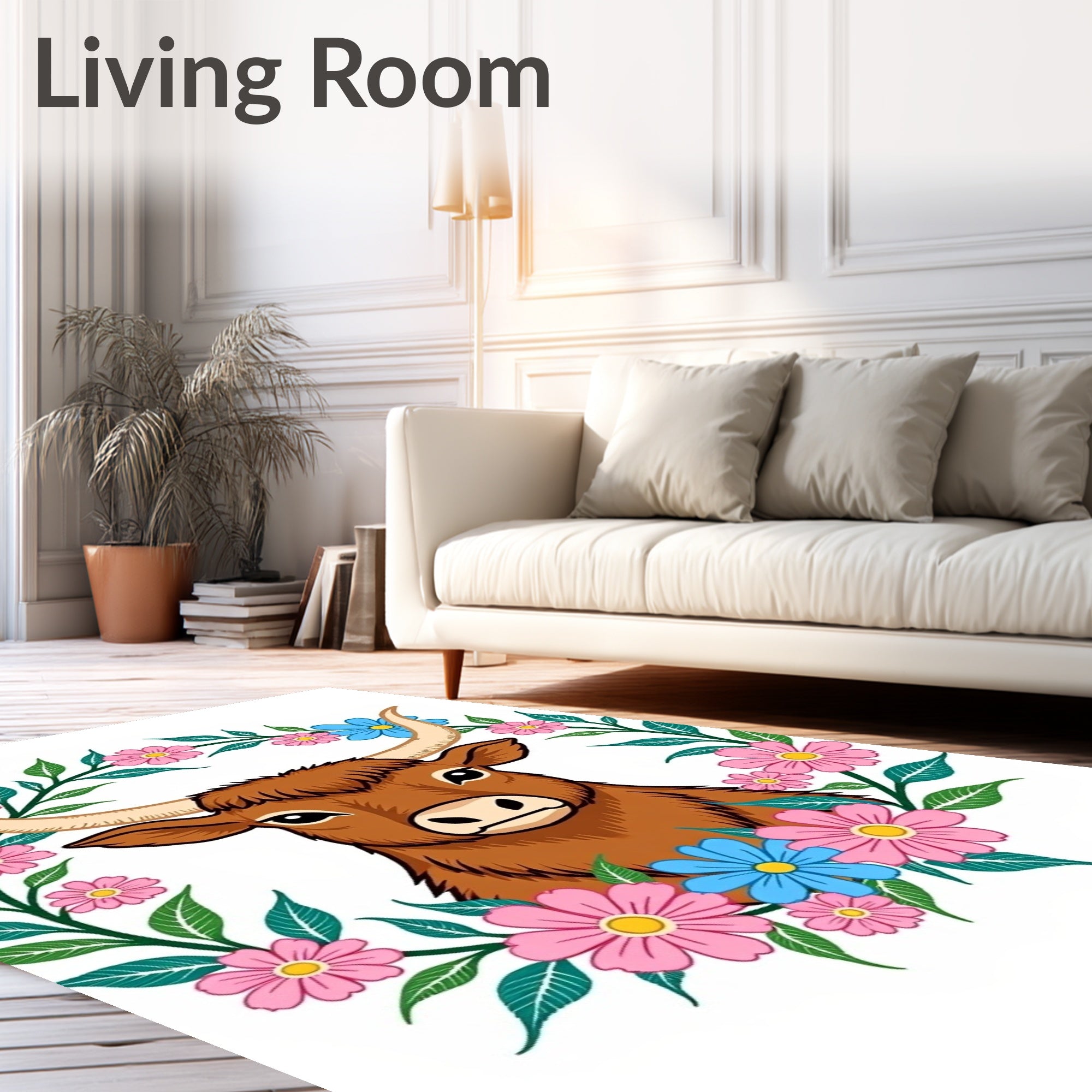Brown Highland Cow Floral Wreath Rug