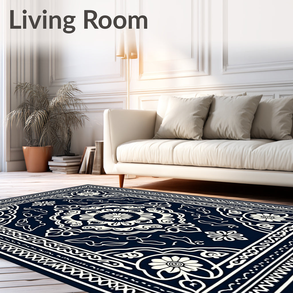 Navy Ivory Floral Medallion Border Rug