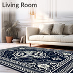 Navy Ivory Floral Medallion Border Rug