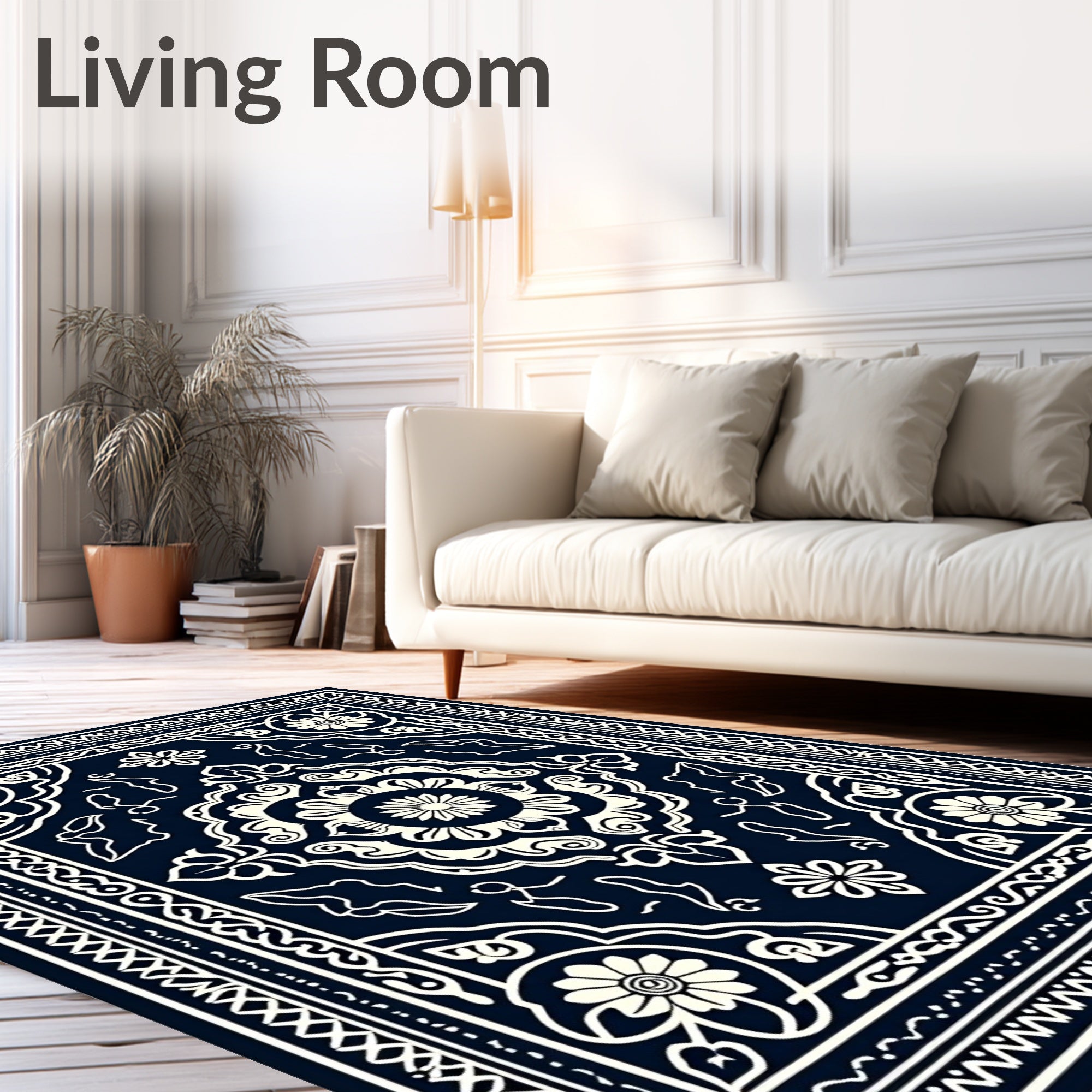 Navy Ivory Floral Medallion Border Rug
