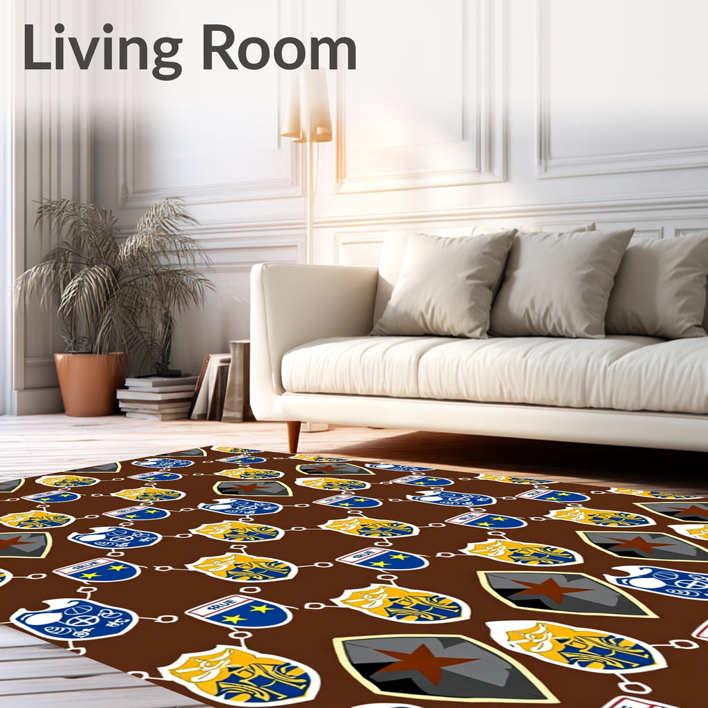 Brown Blue Golden Crest Shield Tile Rug