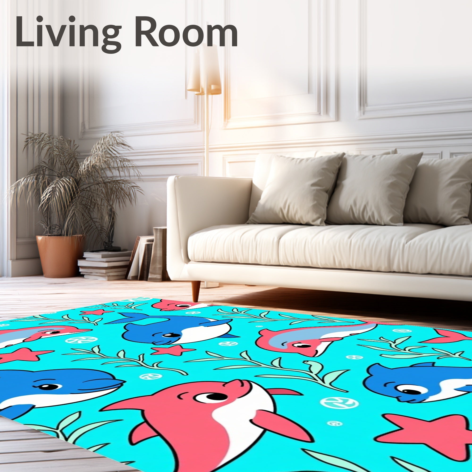 Playful Coral Blue Dolphin Ocean Friends Rug