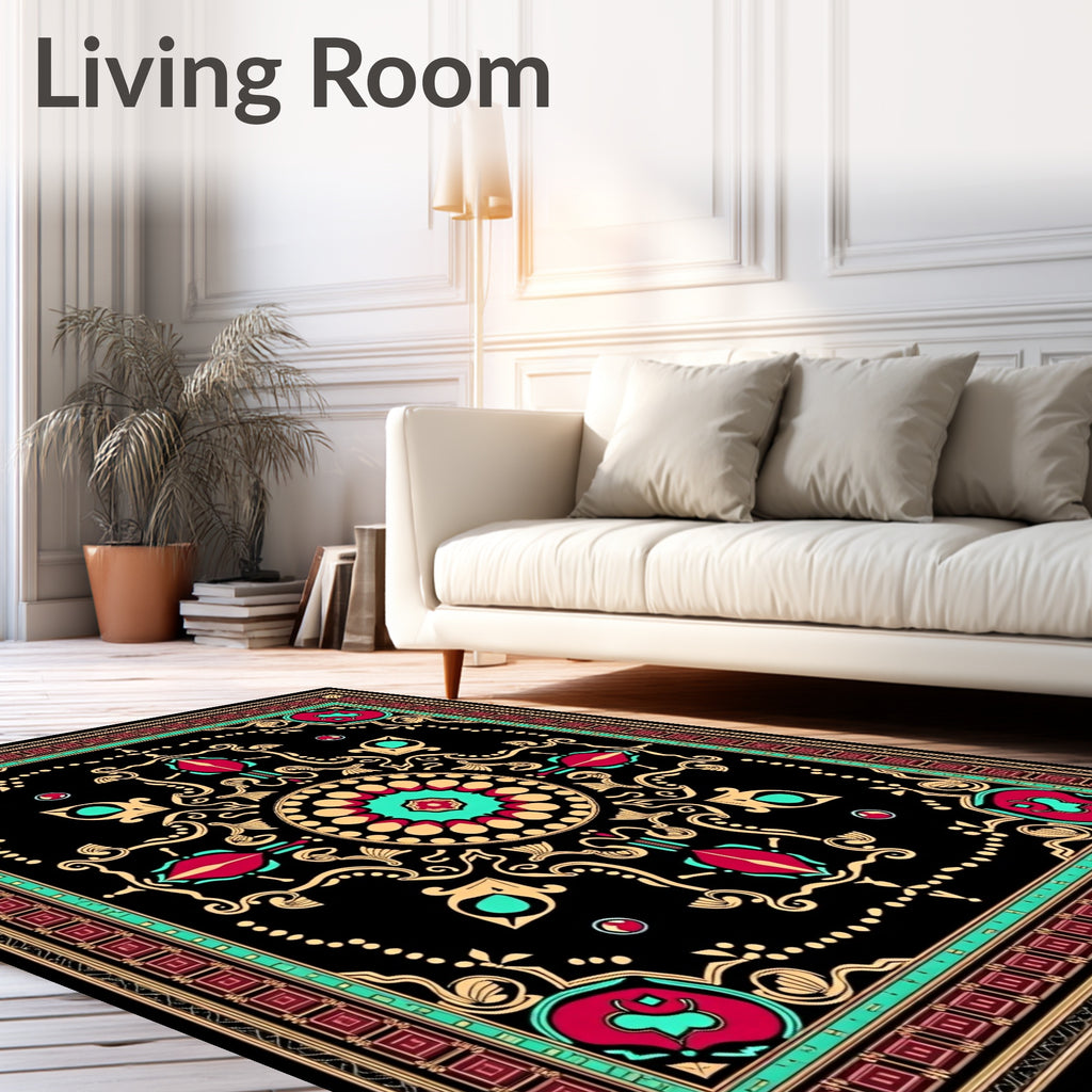 Bold Crimson Teak Scrollwork Medallion Rug