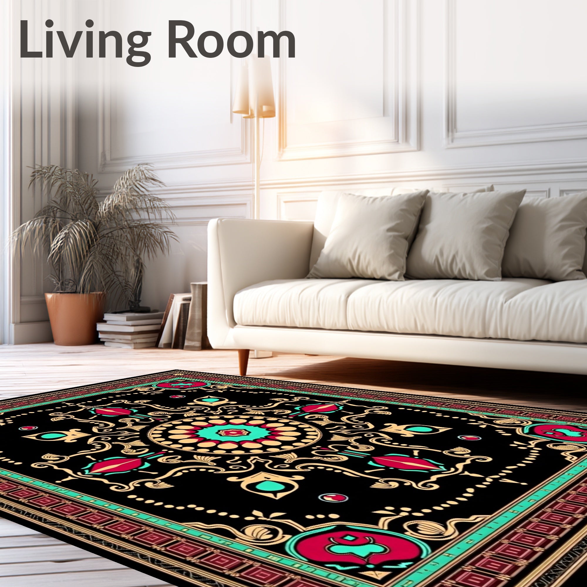 Bold Crimson Teak Scrollwork Medallion Rug