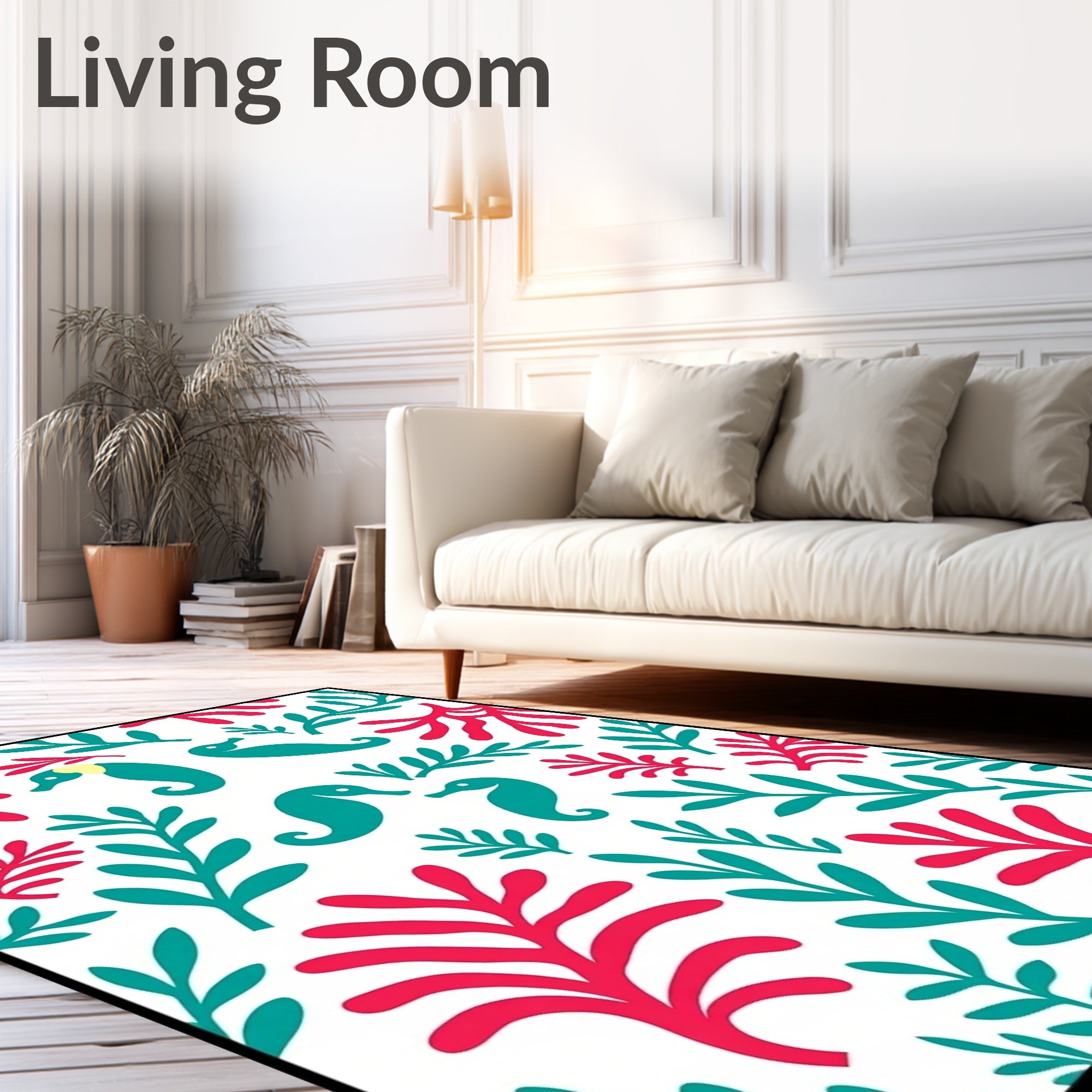 Teal Seahorse Red Coral Garden Rug