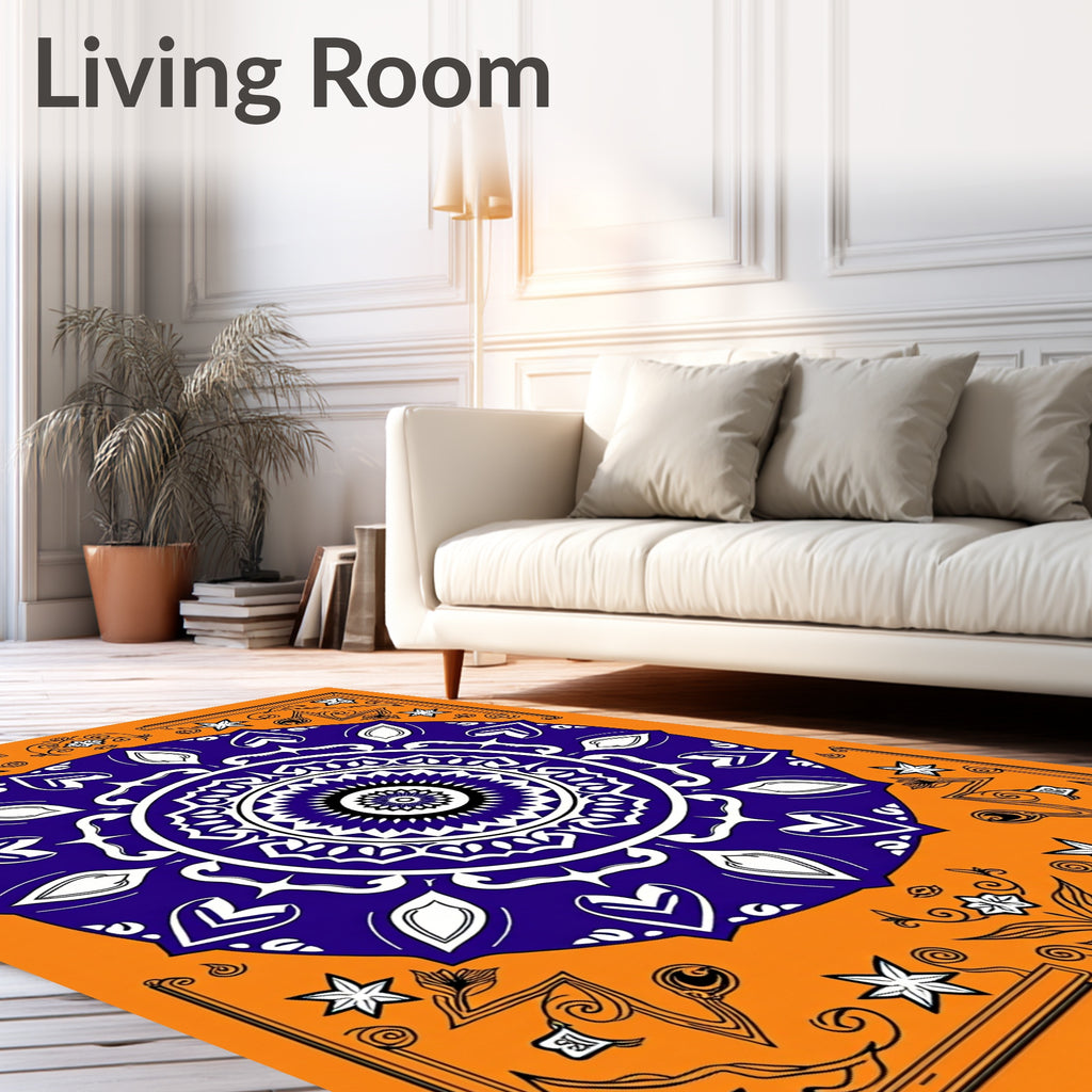Vibrant Orange Indigo Mandala Stars Rug