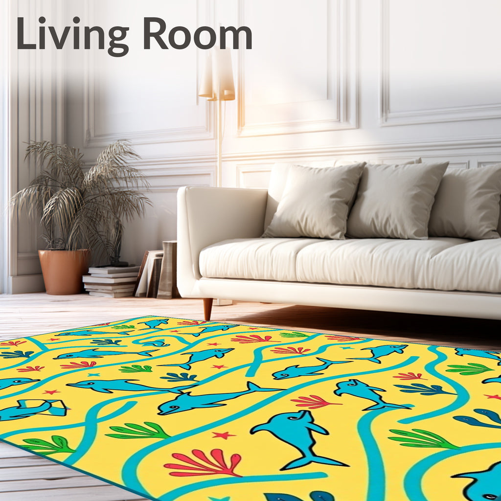 Playful Blue Dolphins Yellow Ocean Rug