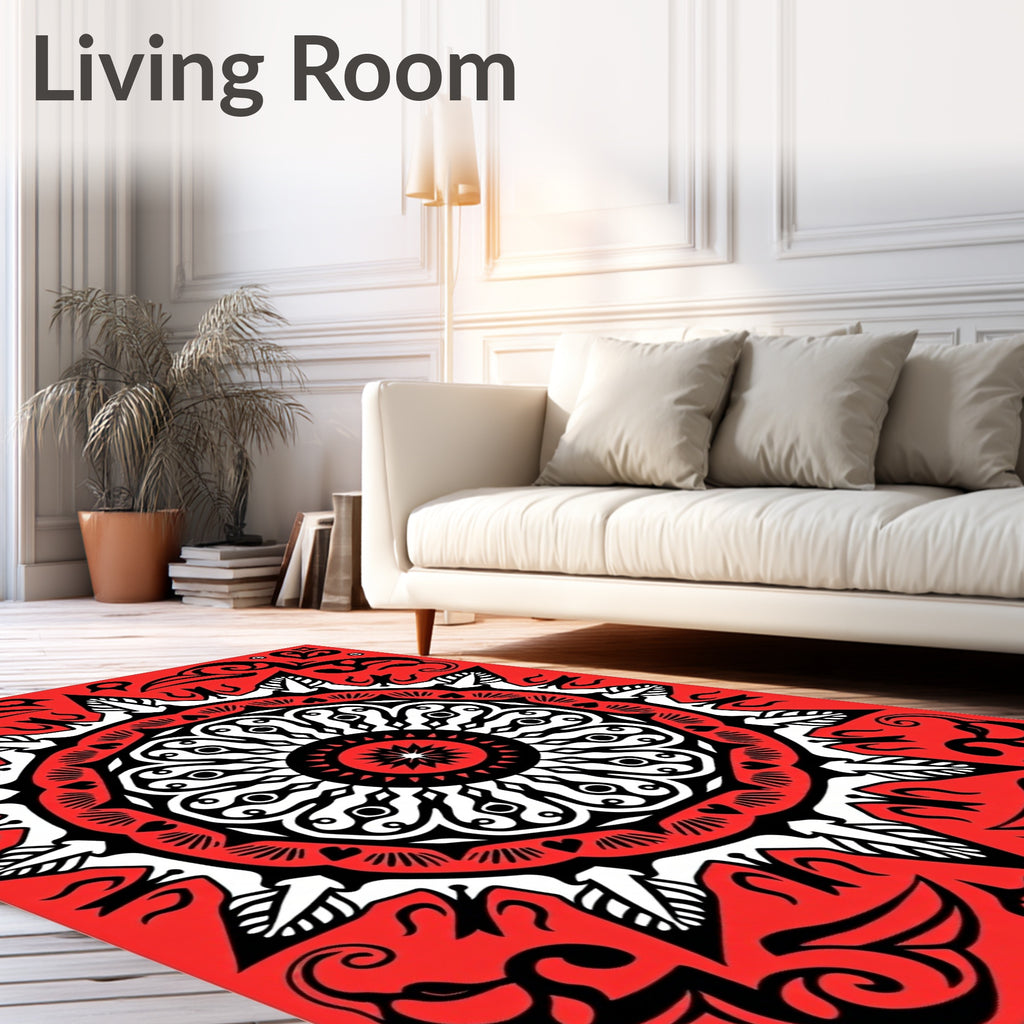 Crimson Bloom Mandala Symmetry Rug