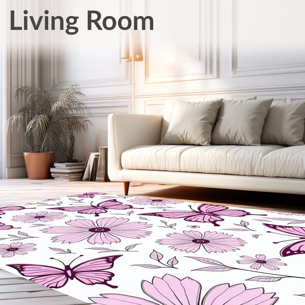 Pink Butterflies and Flowers Artwork Rug