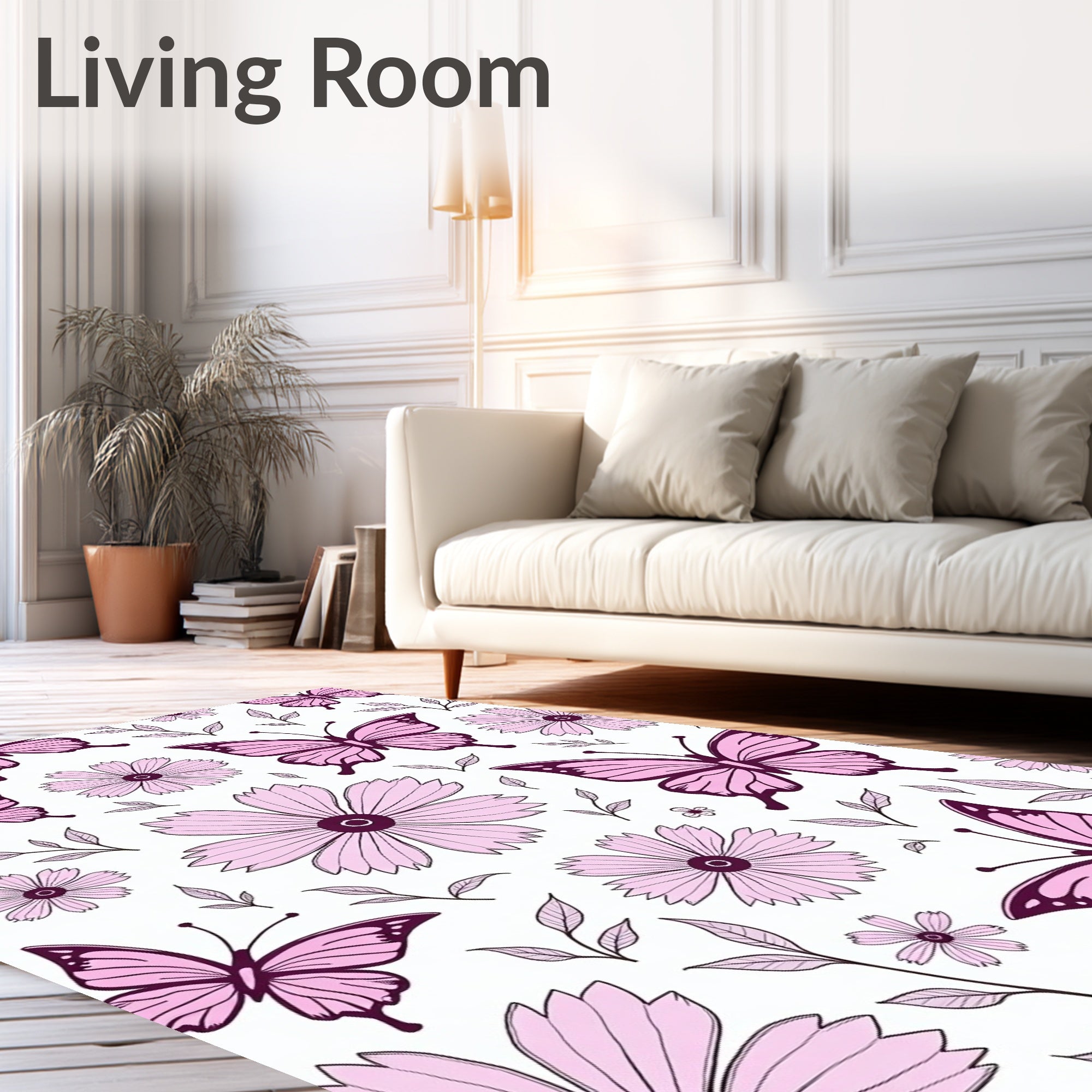Pink Butterflies and Flowers Artwork Rug